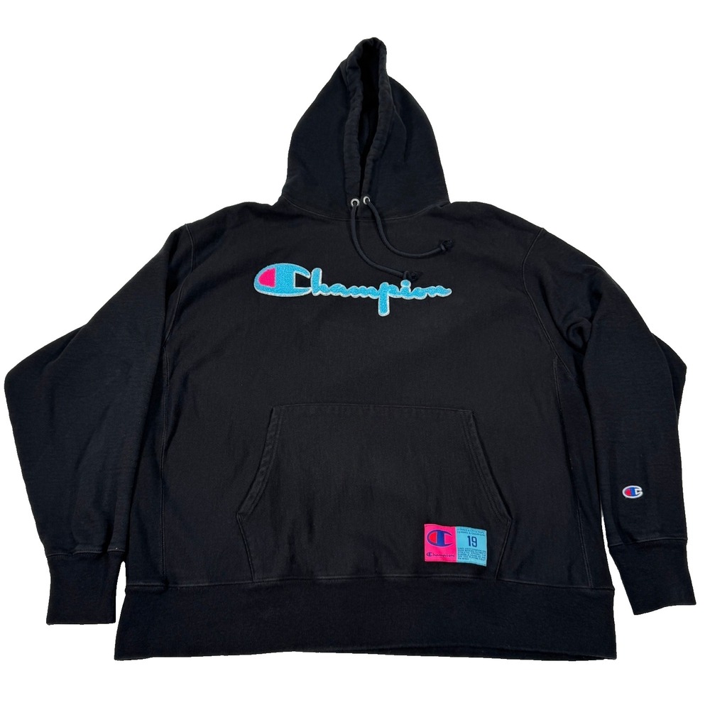 Champion Reverse Weave Mens 2XL Black Multicolor Chenille Logo Pullover Hoodie